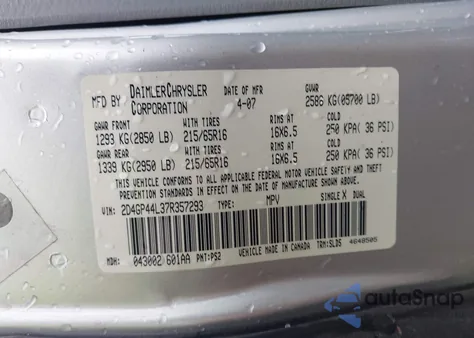 2007 Dodge Grand Caravan Sxt z USA, uszkodzony, nr VIN 2D4GP44L37R357293